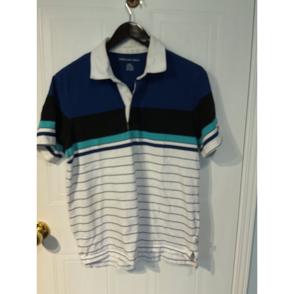 American Eagle Polo Shirt Mens Medium Blue White Excellent Striped Colorblock
